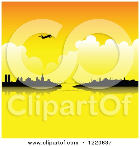 Clipart of a Silhouetted Airplane over Istanbul Turkey at Sunset - Royalty Free Vector Illustration by cidepix