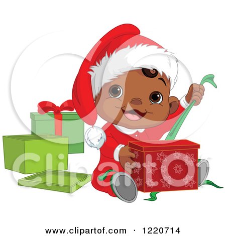 Clipart of a Happy African American Baby Boy Opening Christmas Presents - Royalty Free Vector Illustration by Pushkin