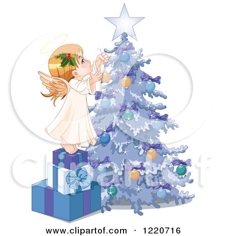 Clipart of a Cute Little Angel Stepping on Gifts and Decorating a Christmas Tree - Royalty Free Vector Illustration by Pushkin