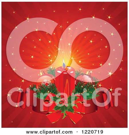 Clipart of a Richstmas Candle with Ornaments and Sprigs over Red Rays with Gold Stars - Royalty Free Vector Illustration by Pushkin