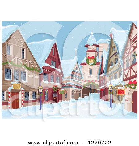 Clipart of a Christmas Village Alley on a Winter Day - Royalty Free Vector Illustration by Pushkin
