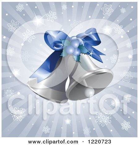 Clipart of Silver Christmas Bells over Rays and Snowflakes - Royalty Free Vector Illustration by Pushkin