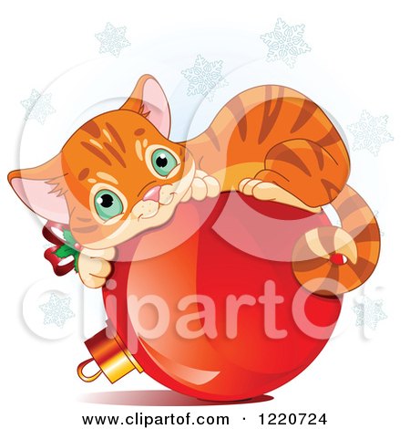 Clipart of a Cute Ginger Cat Resting on a Christmas Bauble Under Snowflakes - Royalty Free Vector Illustration by Pushkin