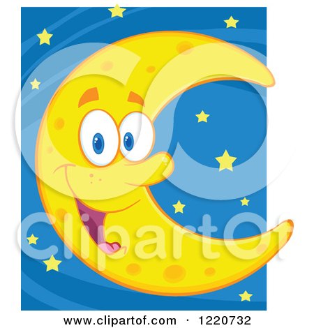 Clipart of a Happy Crescent Moon Mascot over Stars - Royalty Free Vector Illustration by Hit Toon