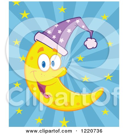 Clipart of a Happy Crescent Moon Mascot Wearing a Night Cap over Rays and Stars - Royalty Free Vector Illustration by Hit Toon