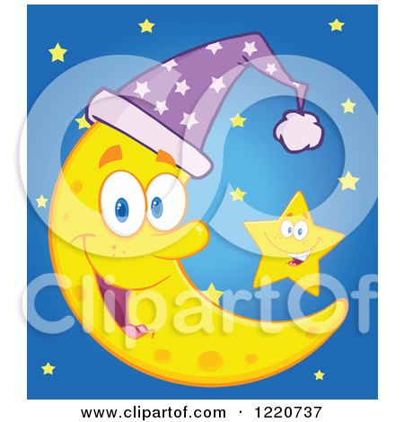 Clipart of a Star by a Crescent Moon Mascot Wearing a Night Cap - Royalty Free Vector Illustration by Hit Toon