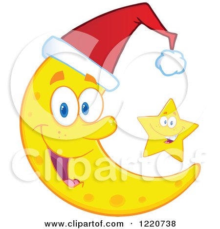 Clipart of a Star by a Crescent Moon Mascot Wearing a Christmas Santa Hat - Royalty Free Vector Illustration by Hit Toon