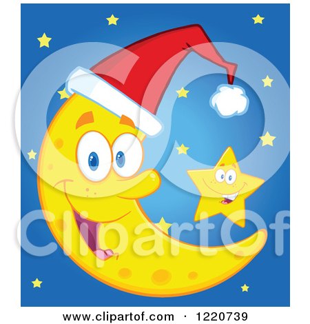 Clipart of a Star by a Crescent Moon Mascot Wearing a Christmas Santa Hat over Blue - Royalty Free Vector Illustration by Hit Toon