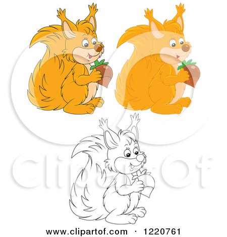 Clipart of Outlined and Colored Cute Squirrels Holding Acorns - Royalty Free Vector Illustration by Alex Bannykh