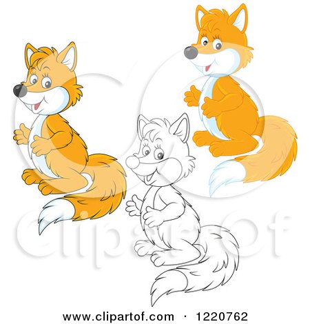 Clipart of Outlined and Colored Foxs Standing Upright and Facing Left - Royalty Free Vector Illustration by Alex Bannykh
