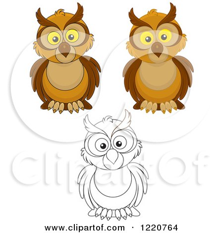 Clipart of Outlined and Colored Owls - Royalty Free Vector Illustration by Alex Bannykh