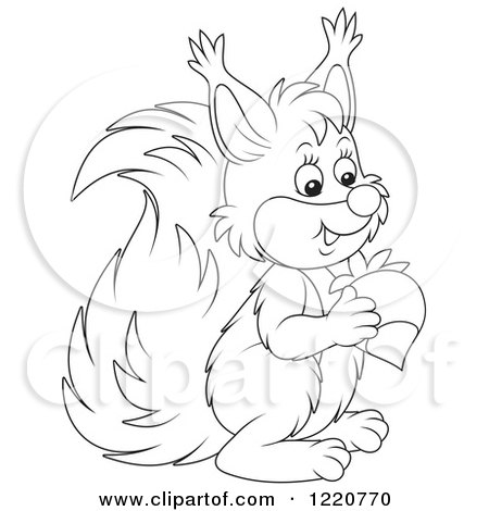 Clipart of an Outlined Cute Squirrel Holding an Acorn - Royalty Free Vector Illustration by Alex Bannykh