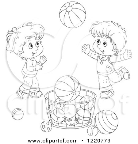Clipart of an Outlined Boy and Girl Playing with Balls - Royalty Free Vector Illustration by Alex Bannykh