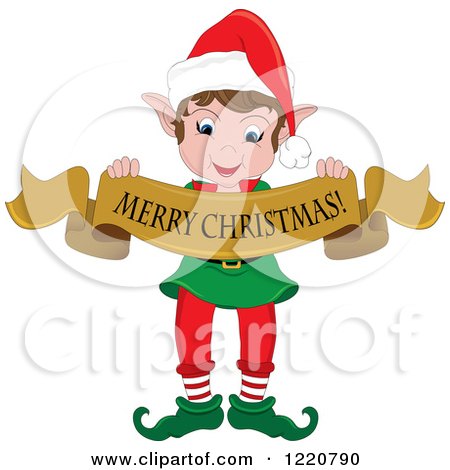 Clipart of a Happy Christmas Elf Holding a Merry Christmas Banner - Royalty Free Vector Illustration by Pams Clipart