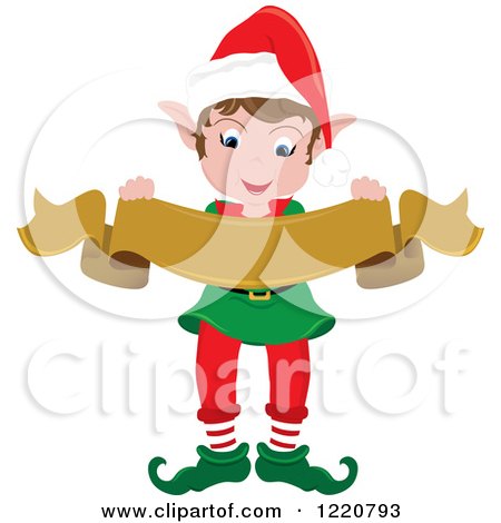 Clipart of a Happy Christmas Elf Holding a Scroll Banner - Royalty Free Vector Illustration by Pams Clipart