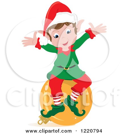 Clipart of a Happy Christmas Elf Sitting on a Bauble - Royalty Free Vector Illustration by Pams Clipart