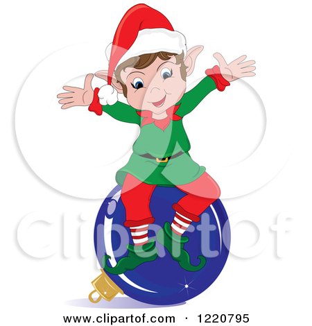 Clipart of a Happy Christmas Elf Sitting on a Blue Bauble - Royalty Free Vector Illustration by Pams Clipart