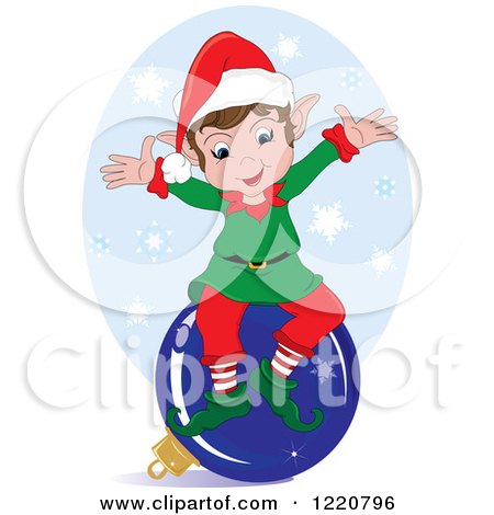 Clipart of a Happy Christmas Elf Sitting on a Bauble over Snowflakes - Royalty Free Vector Illustration by Pams Clipart