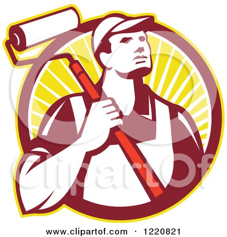 Clipart of a Retro Painter Worker with a Roller Brush in a Circle of Sunshine - Royalty Free Vector Illustration by patrimonio