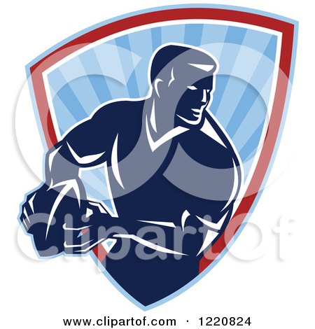 Clipart of a Retro Rugby Player with a Ball in a Blue Sunshine Shield - Royalty Free Vector Illustration by patrimonio