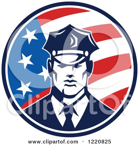 Clipart of a Retro Police Man in an American Flag Circle - Royalty Free Vector Illustration by patrimonio