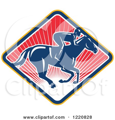 Clipart of a Retro Jockey Racing a Horse on a Diamond of Red Sunshine - Royalty Free Vector Illustration by patrimonio