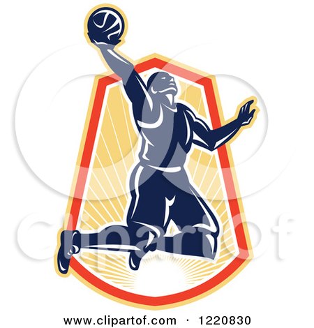 Clipart of a Retro Basketball Player Jumping for a Slam Dunk over a Sunny Crest - Royalty Free Vector Illustration by patrimonio