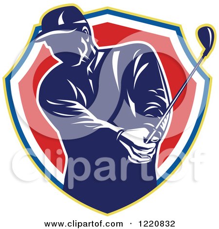 Clipart of a Retro Male Golfer Teeing off in a Shield - Royalty Free Vector Illustration by patrimonio