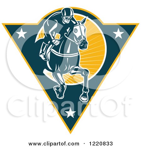 Clipart of a Retro Jockey Racing a Horse on a Triangle with Stars and Sunshine - Royalty Free Vector Illustration by patrimonio