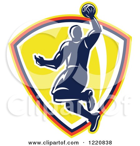Clipart of a Retro Basketball Player Jumping for a Slam Dunk over a Yellow Shield - Royalty Free Vector Illustration by patrimonio