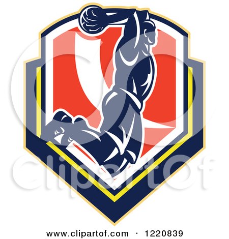 Clipart of a Retro Basketball Player Jumping for a Slam Dunk over a Shield - Royalty Free Vector Illustration by patrimonio