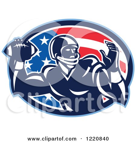 Clipart of a Gridiron American Football Quarterback Player Throwing over a Flag Oval - Royalty Free Vector Illustration by patrimonio
