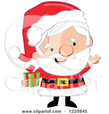 Clipart of Santa Claus Holding a Christmas Present and Waving - Royalty Free Vector Illustration by peachidesigns