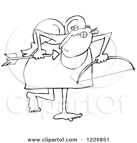 Clipart of an Outlined Sneaky Cupid Looking Back over His Shoulder - Royalty Free Vector Illustration by djart