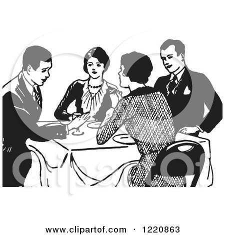 Clipart of Retro Couples Talking at a Dinner Table - Royalty Free Vector Illustration by Picsburg