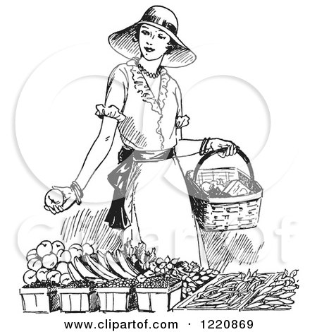 Clipart of a Black and White Retro Woman Shopping for Produce - Royalty Free Vector Illustration by Picsburg