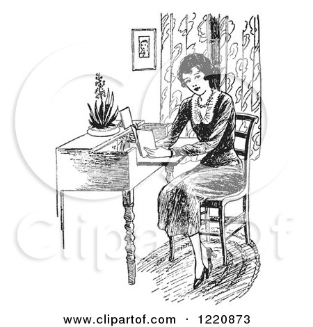 Clipart of a Black and White Retro Woman Reading a Book at a Desk - Royalty Free Vector Illustration by Picsburg