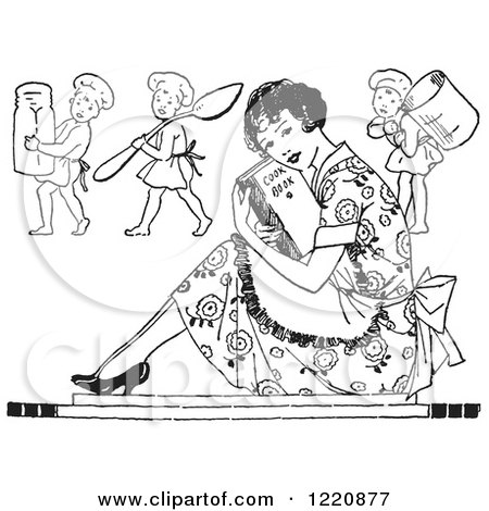 Clipart of a Black and White Retro Housewife Sitting with a Cook Book and Cherub Chefs - Royalty Free Vector Illustration by Picsburg
