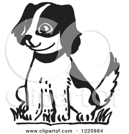 Clipart of a Happy Puppy Sitting in Black and White - Royalty Free Vector Illustration by Picsburg