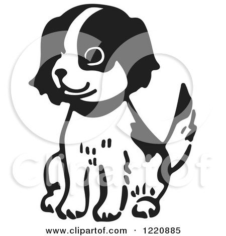 Clipart of a Happy Sitting Puppy in Black and White - Royalty Free Vector Illustration by Picsburg