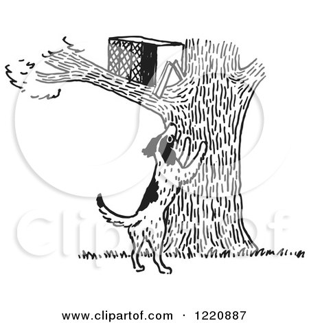 Clipart of a Dark Barking at an Animal Trap in a Tree in Black and White - Royalty Free Vector Illustration by Picsburg