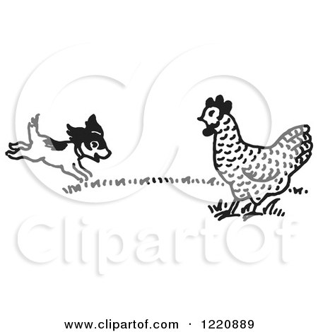 Clipart of a Happy Puppy and Chicken Black and White - Royalty Free Vector Illustration by Picsburg