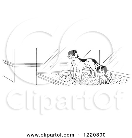 Clipart of Puppies in a Pet Store Window in Black and White - Royalty Free Vector Illustration by Picsburg