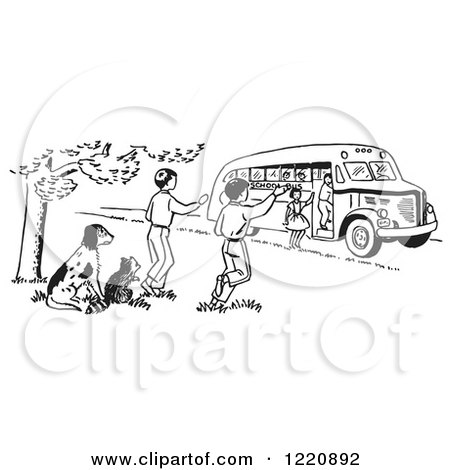Clipart of a Raccoon and Dog Watching Children Board a School Bus in Black and White - Royalty Free Vector Illustration by Picsburg