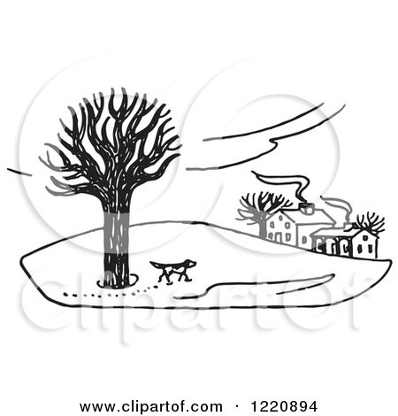 Clipart of a Dog Exploring Property in the Winter in Black and White - Royalty Free Vector Illustration by Picsburg