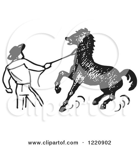 Clipart of a Black and White Cowboy Training a Horse - Royalty Free Vector Illustration by Picsburg