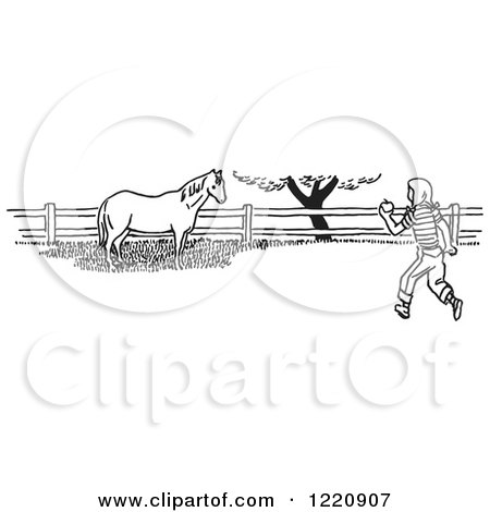 Clipart of a Black and White Girl Taking an Apple to a Horse - Royalty Free Vector Illustration by Picsburg