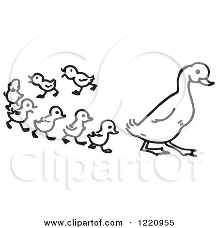 Clipart of a Black and White Duck and Ducklings - Royalty Free Vector Illustration by Picsburg