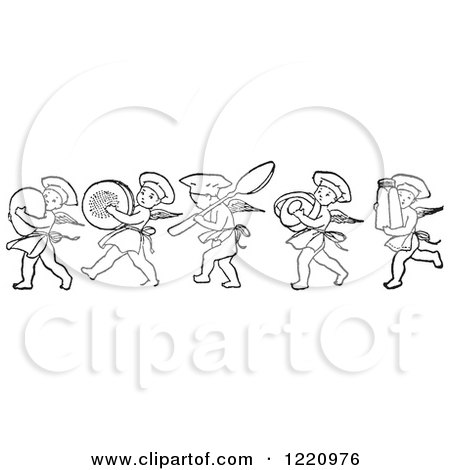 Clipart of Black and White Chef Cherubs Marching with Kitchen Items - Royalty Free Vector Illustration by Picsburg