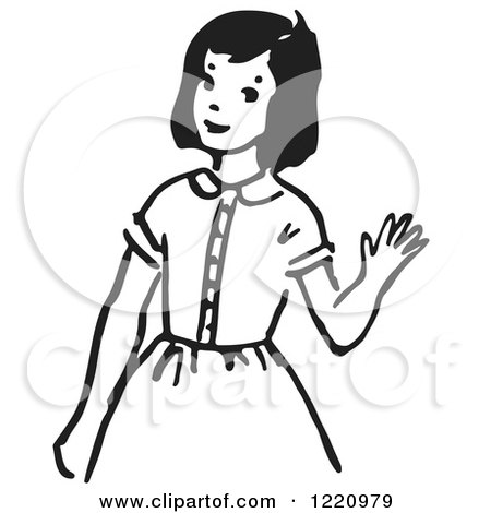 Clipart of a Black and White Girl Waving - Royalty Free Vector Illustration by Picsburg